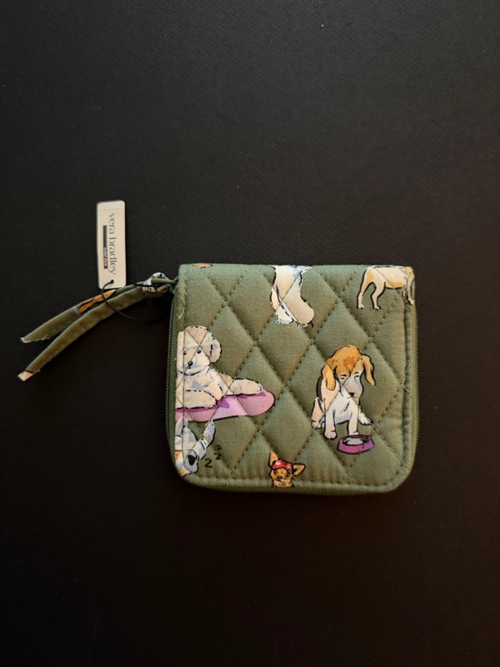 Vera Bradley Quilted Dog Park Zip Wallet - Olive Green with Multicolor Pups NWT